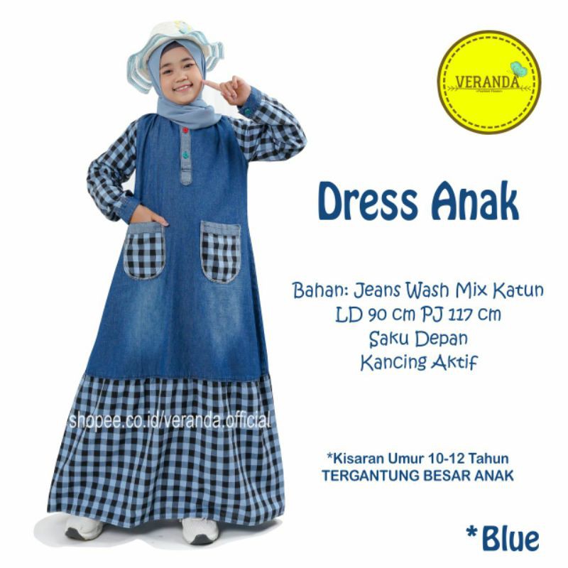 Nafa Gamis Anak Perempuan Tanggung Umur 10-13 Tahun Jeans Baju Dress Kotak Kotak Murah Jins