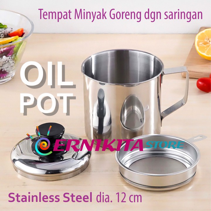 OIL POT KOMODO STAINLESS 1.1 L TEBAL WITH STRAINER - Mug Saringan Penampung Minyak Goreng