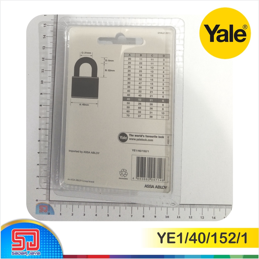 Yale YE1/40/152/1 Gembok Kuningan 40mm Leher Panjang 52mm Padlock Brass Material Hardened Steel