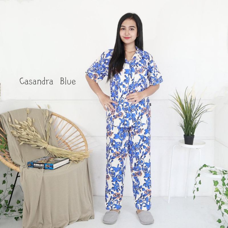Baju Tidur Piyama Wanita Dewasa Piyama Baju Santai Motif Bunga-Casandra Blue