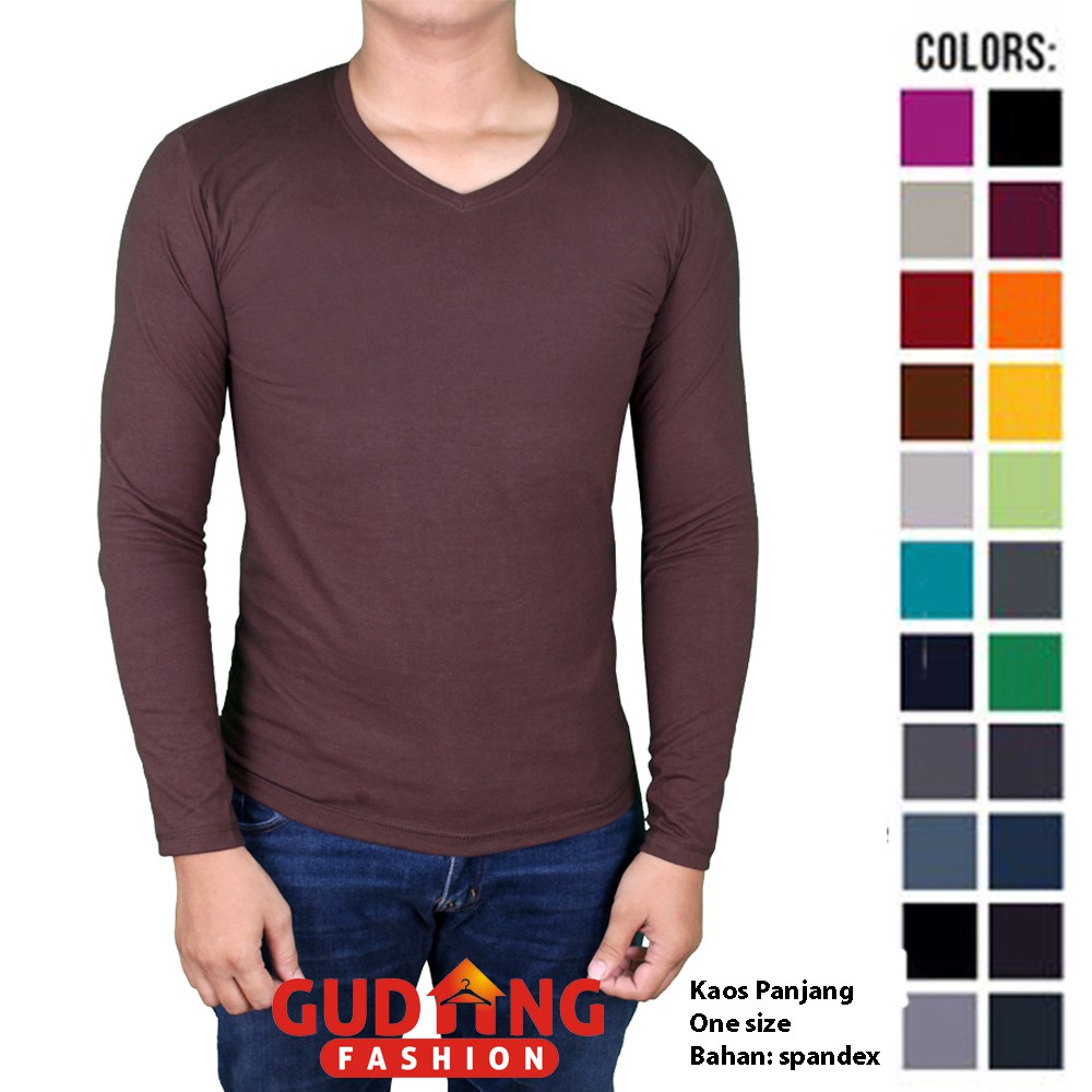 Kaos Pria Panjang Spandex Vneck / Tshirts Basic Polos - Banyak Pilihan Warna PAN (COMB)