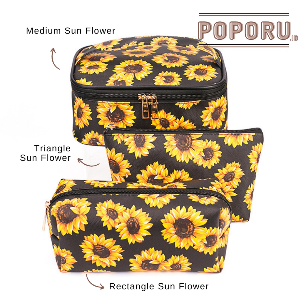 POPORU SUN FLOWER black pouch 3 types - cosmetics bag organizer for make up - tas tempat kosmetik