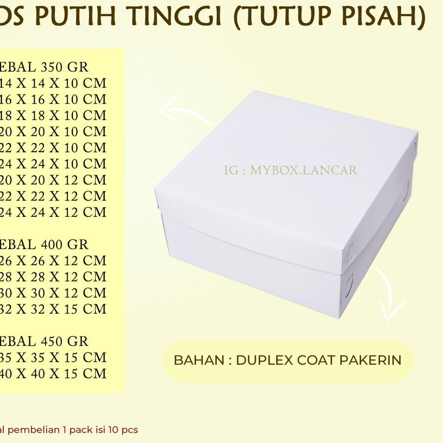 

Update - 10 LEMBAR BOX TART PUTIH 22 X 22 X 10 CM, DUS TART PUTIH TUTUP PISAH , KEMASAN TAR KUE