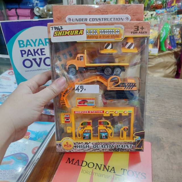 Mainan mobil konstruksi bahan metal dan plastik, mobil polisi, mobil pemadam, pom bensin, diorama