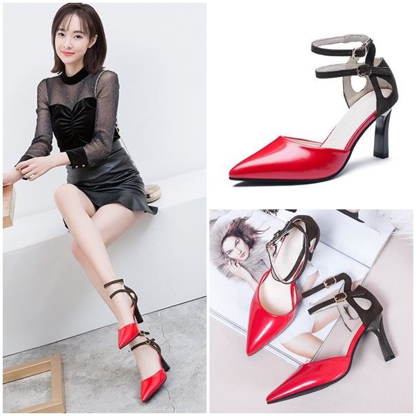 BJS1901 - BLACK/RED - Sepatu Heels Ankle Strap Elegan Modis 8cm SEPATU PESTA SEPATU KERJA FORMAL MODEL TALI WANITA HIGH HEELS SEPATU HAK FASHION IMPORT TERMURAH TERLARIS TERBARU BAGSTORE JAKARTA JSH1901