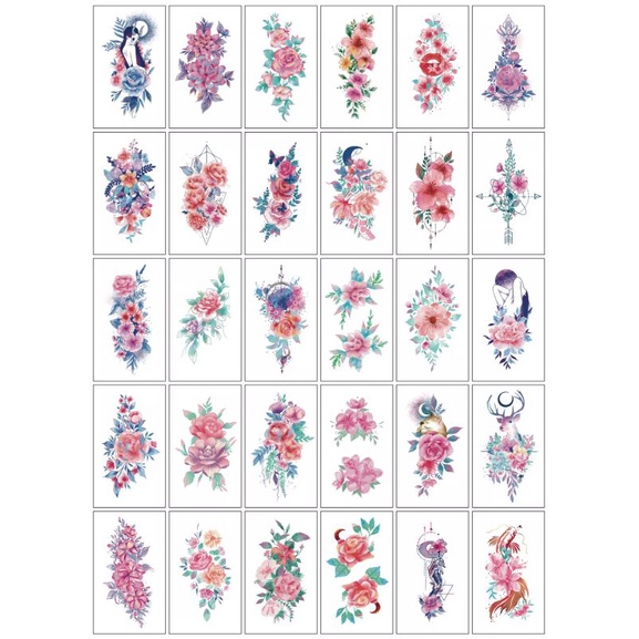 30pcs Stiker Tato Sementara Wanita Tato Hitam Mawar Palsu Tubuh Tangan Lengan Kaki Bunga Tattos Tatouage Temporaire Femme