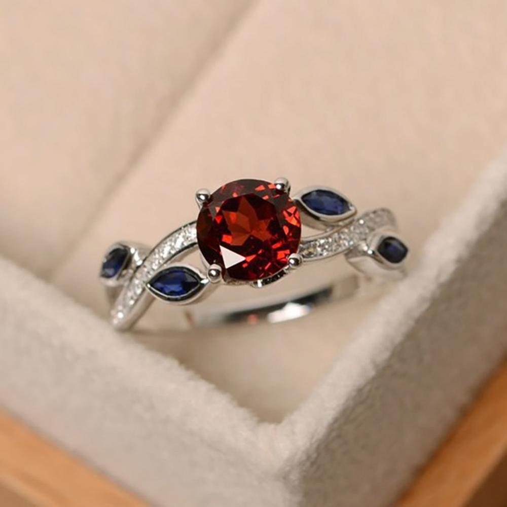 Timekey Cincin Wanita Desain Daun Hias Cubic Zirconia Sapphire Merah Untuk Pertunanganpernikahan A3K1