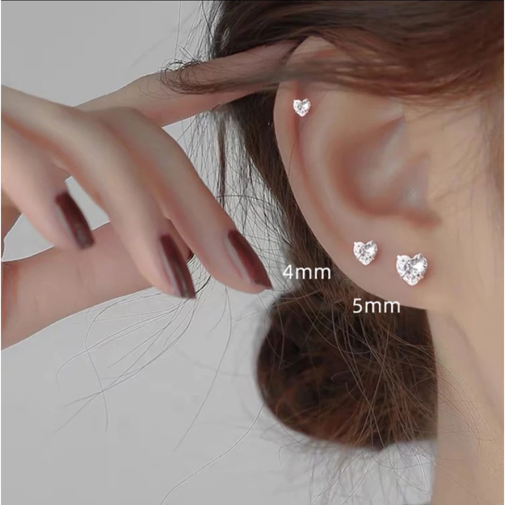 Anting Tusuk Stenless Bentuk Love Zirkon Artifisial Bentuk Hati Warna Stell Gold dan Silver 0,4cm, 0,5cm, 0,6cm, dan 0,8cm