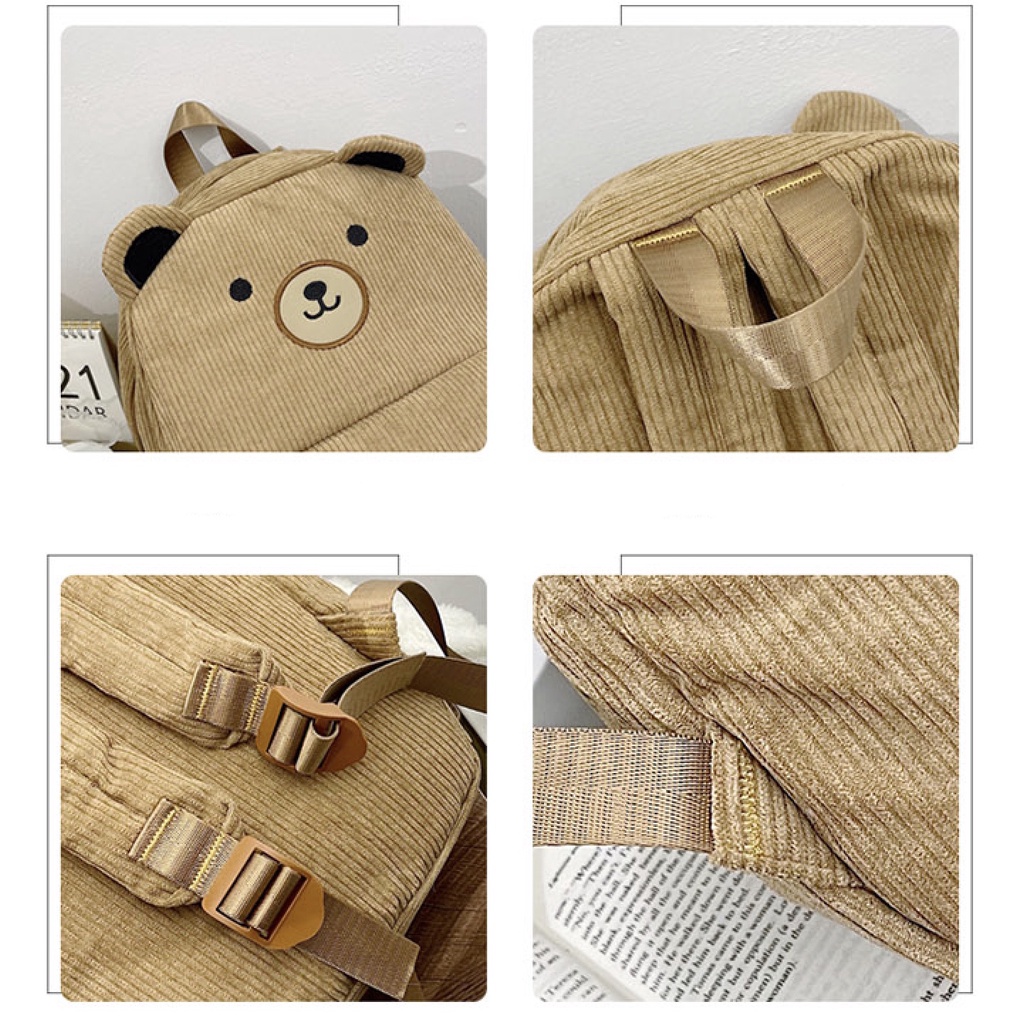 WYK104B Tas Ransel Wanita Korduroi Muka Beruang Face Bear Backpack Feather Impor TKM