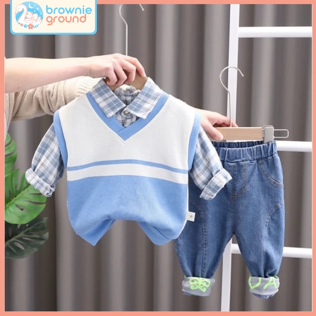 [COD] SETELAN IMPORT PREMIUM / SETLAN 3 IN 1/ SETLAN ANAK LAKI-LAKI MOTIF VEST BIRU PUTIH usia 0-4 tahun/Brownieground