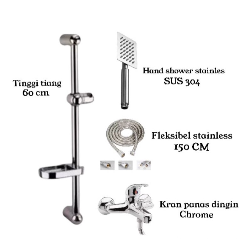 Keran Shower Tiang Stainless Shower kotak Stainless Kran Panas Dingin Kuningan Ukuran Drat Pipa 1/2&quot;