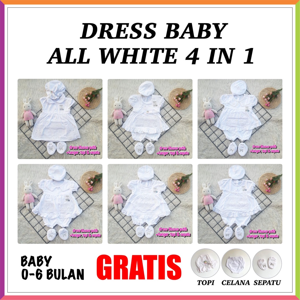 DRESS BABY ALL WHITE | DRESS AQIQAH | WHITE DRESS BAYI NEWBORN 0-6 BLN 4IN1 ❤ Fashionbabies ❤