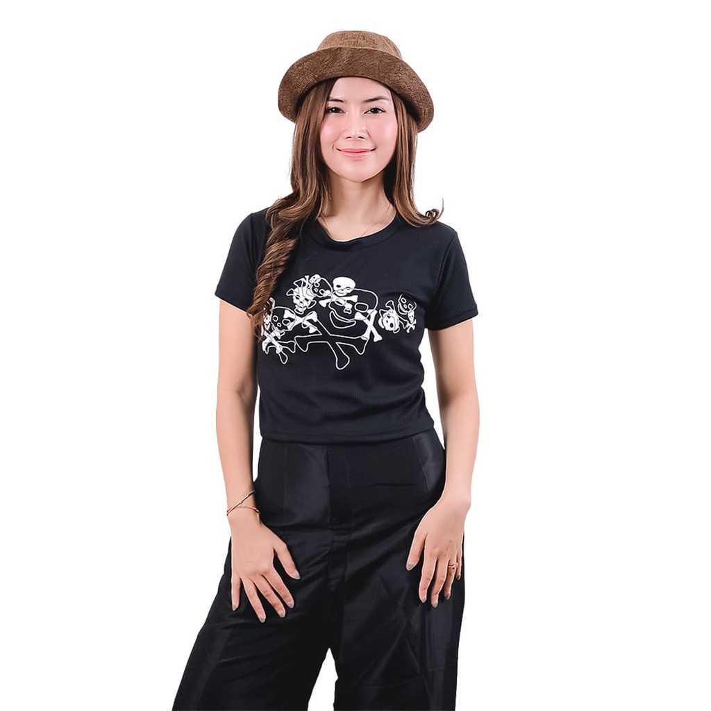 Tq88indonesia Fashion Baju Kaos Wanita Terbaru / Danger Skeleton Crop Top RIB / Tshirt Wanita / Baju Kasual Wanita / Baju Santai Cewek / Baju Crop Wanita