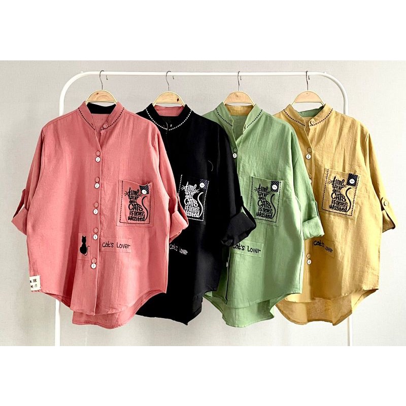 Atasan Kemeja Wanita Katun Linen Import keren Shanghai Bordir Cat Lubana #6332