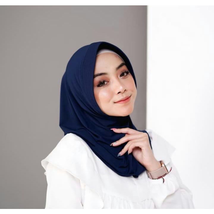 MALAYU HIJAB Kerudung Krudung Hijab Jilbab Bergo Olahraga Sport Sporty Volly Wanita Muslim Bahan Jersey Zoya Premium Korea Murah Instan Instant Syari Warna Putih-NAVY