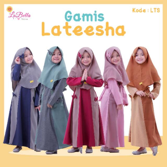 [ LATEESHA ]  By Labella baju anak muslim Samarinda katun Madinah polos cantik pita busana muslim di