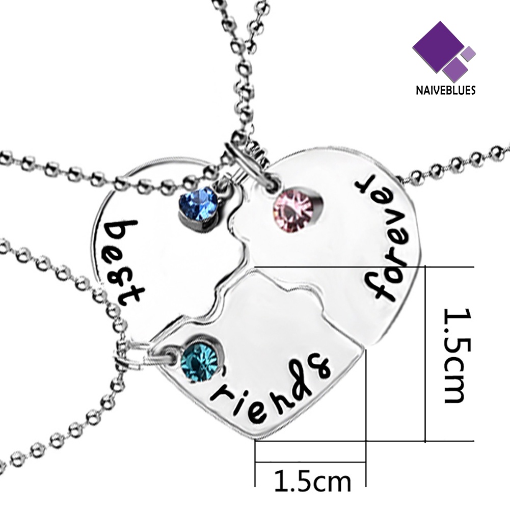 Naiveblue 3Pcs / Set Kalung Rantai Dengan Liontin Hati + Tulisan Best Friends Aksen Berlian Imitasi Untuk Wanita