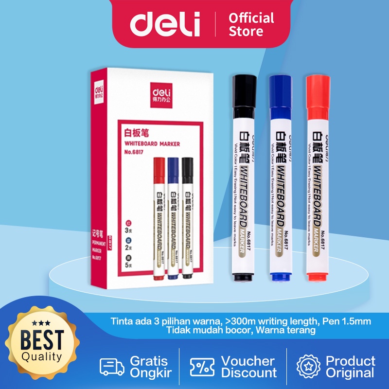 

Deli Spidol Kering Biru/Merah/Hitam, Mudah Dihapus dan Tinta Tidak Mudah Bocor 6817