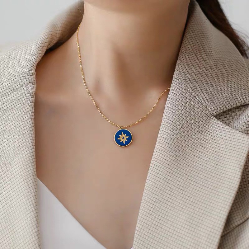 Kalung Desain Disk Enamel Warna Biru | Kalung Rantai Dengan Liontin Bintang Untuk Wanita | Aksesoris Bahan Titanium Steel 18K Warna Rose Gold | Perhiasan Bahan Stainless Steel