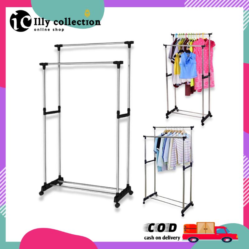 Stand Hanger Double Pole Gantungan Baju Dua tiang Dengan Roda