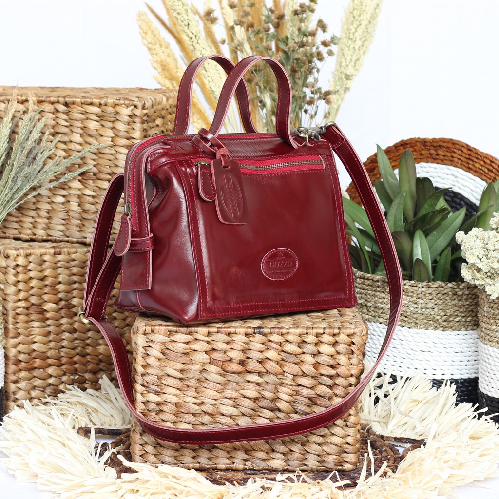 TAS KULIT SAPI ASLI WANITA HAND BAG DAN SLEMPANG BELLA MAROON / FREE GRAVIR NAMA DI GANTUNGAN TAS