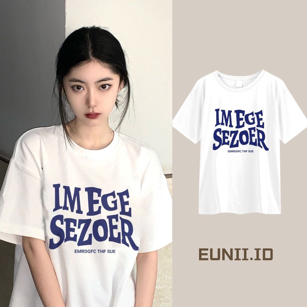 EUNII T-shirt Lengan Pendek Biru Modis Bahasa Inggris Longgar Korean Style/Kaos Atasan Wanita/Baju Kaus Oversize Wanita