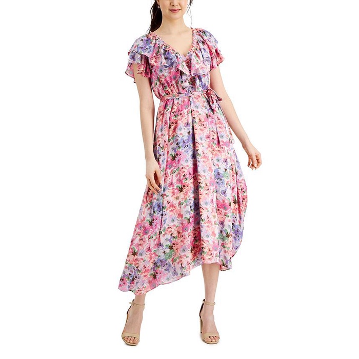 Taylor ruffled floral print chiffon A line dress in rose pink