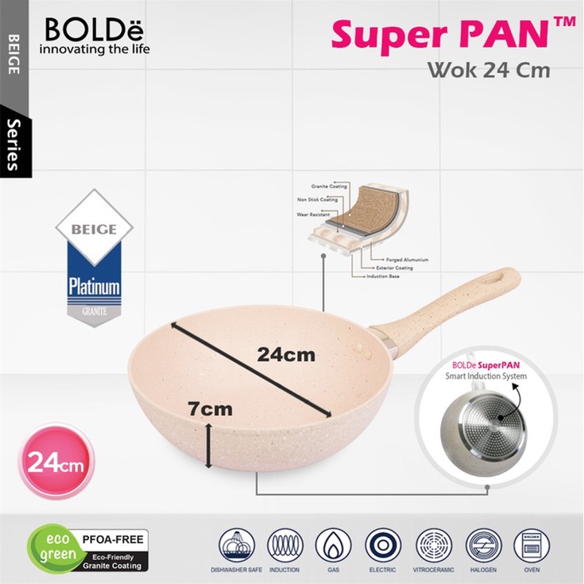 BOLDe Super Pan Wok 24 26 28 cm + Lid Beige Panci wok 26cm 28cm + tutup kaca wajan panci granite coating Bisa Untuk Kompor Listrik Induksi