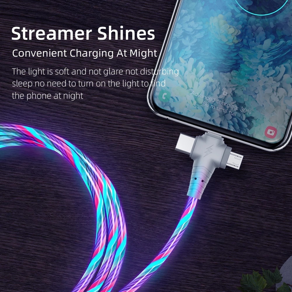 Hot Sale/Kabel Cas 3in1 LED Glow Flowing/USB Type C Luminous Lighting Fast Charger Wire Untuk iPhone Android Phone/Kabel USB Lighting