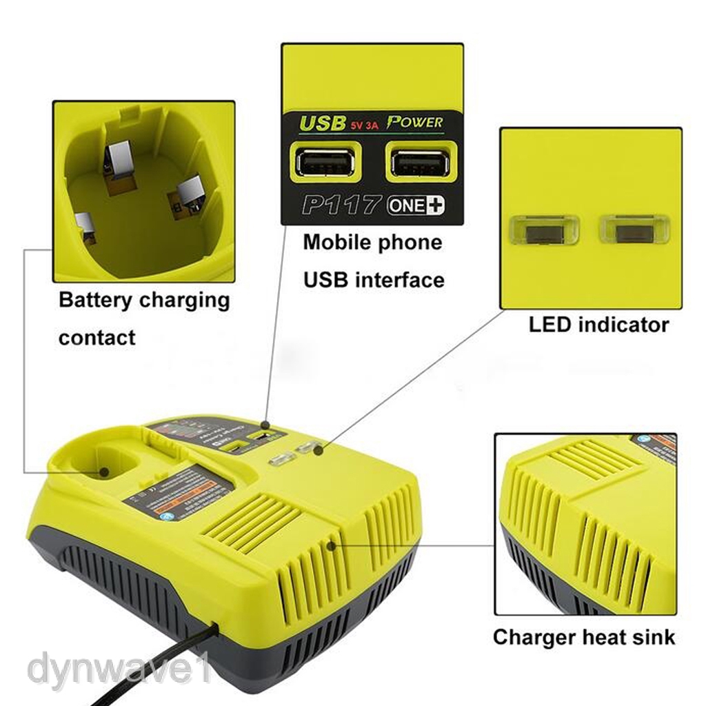 2 USB Port P117 Charger For Ryobi ONE 12V-18V P108 P104 P102 P100 Ni-Cd /& Li-ion