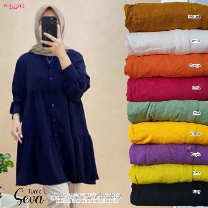Atasan Wanita Seva Tunik Rayon Crinkle Import Tebal Adem Nyaman Modis - navy, XL