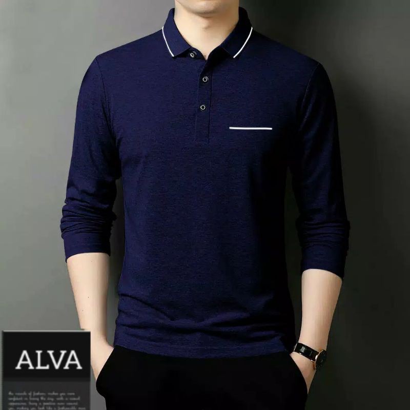Kaos Saku Polos Lengan panjang pria Berkerah  Cotton Combed 24s