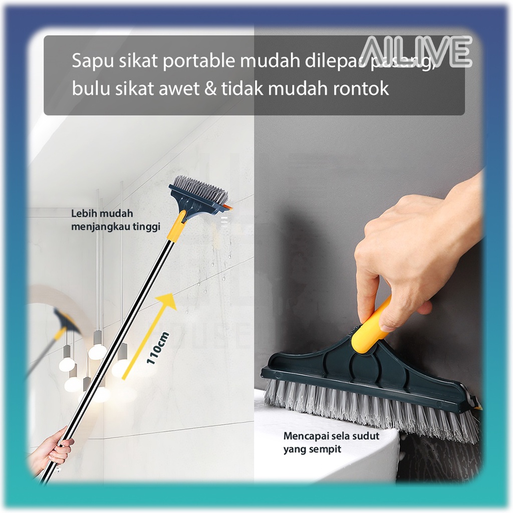 Sikat Lantai Wiper Kamar Mandi 2IN1 Putar 120° Model Sikat Sudut Lancip Gagang Panjang Wiper Pembersih Toilet Praktis Serokan