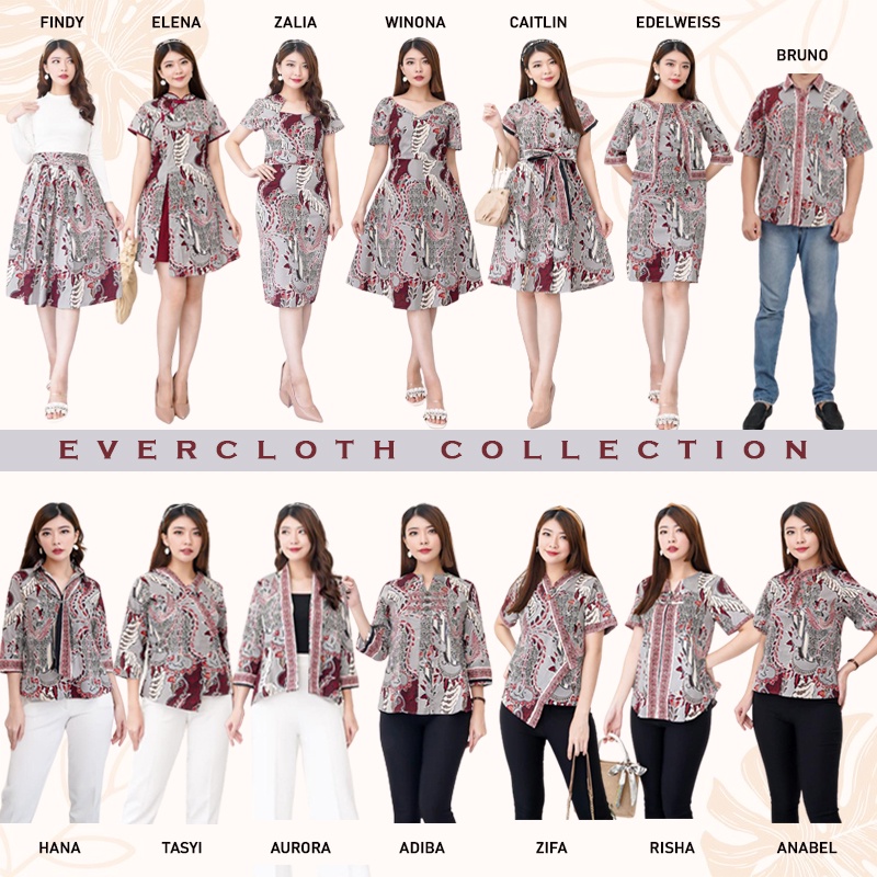 Evercloth Adiba Blouse Wanita Atasan Wanita Blouse Batik Wanita Lengan Panjang Atasan Batik Wanita 3/4 Koin Kancing Batik Couple Set Family Sarimbit Abu Grey Silver