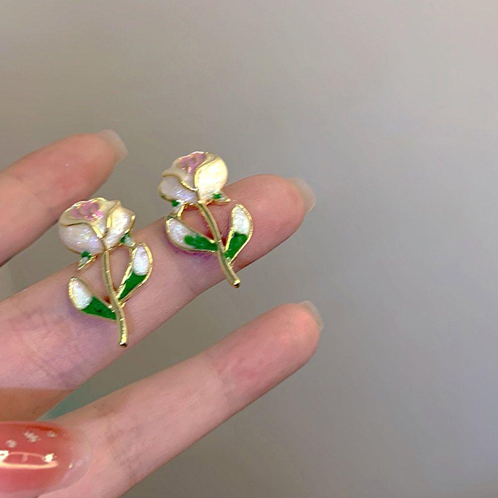Needway Anting Wanita Temperamen Elegan Gadis Hadiah Pink rose Aksesoris Pesta Alloy Bunga Stud Earrings