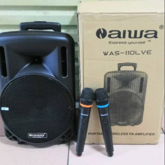 Speaker Portable Aiwa 10 inch Bluettoh usb radio baterai recharge free 2 mic wirelles