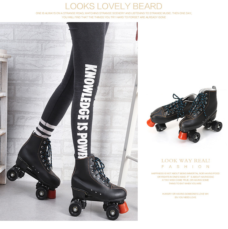 Sepatu Roda Empat Roda Kulit hitam baru kulit dewasa laki-laki dan perempuan berkeliling dua baris