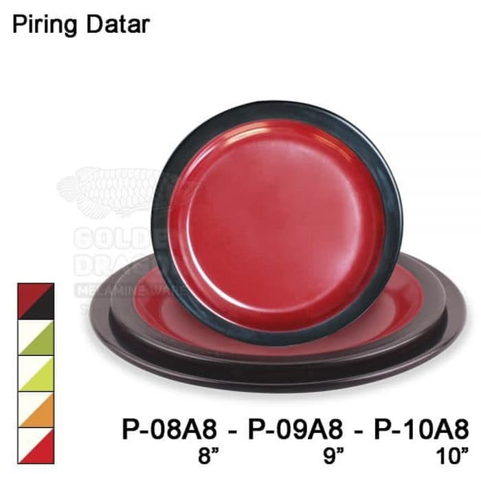 Piring Makan Datar  9 inchi  Melmine Merah Hitam Golden Dragon DXK