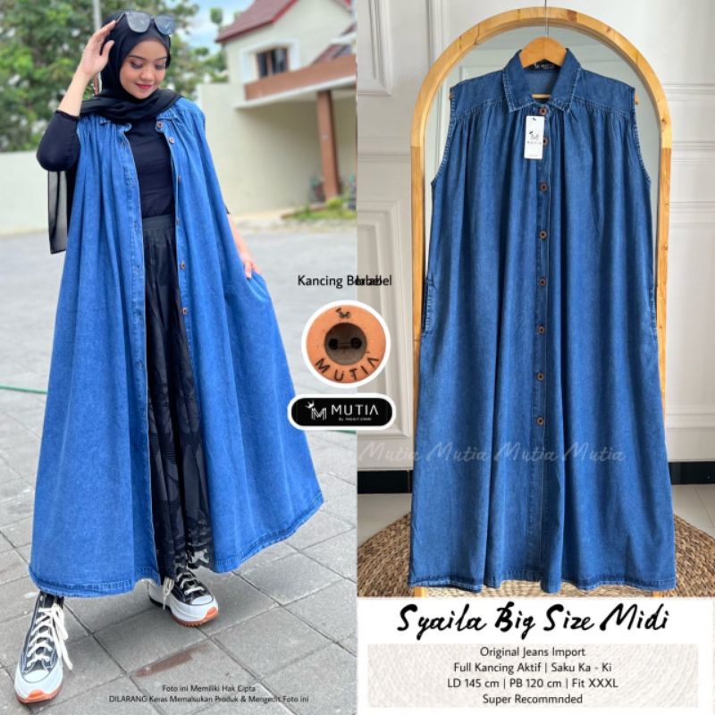 SYAILA BIG SIZE MIDI BY MUTIA (DRESS JEANS JUMBO MUSLIMAH) Midi jeans wanita