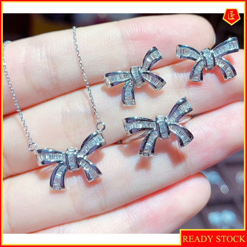 [Ready Stock]Niche Fairy Style Bow Ring Necklace and Earring Suit