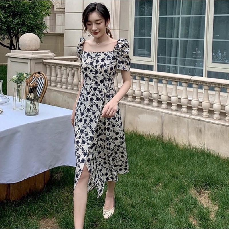 babydoll dress motif bunga hitam berlengan pendek CODE TG-986