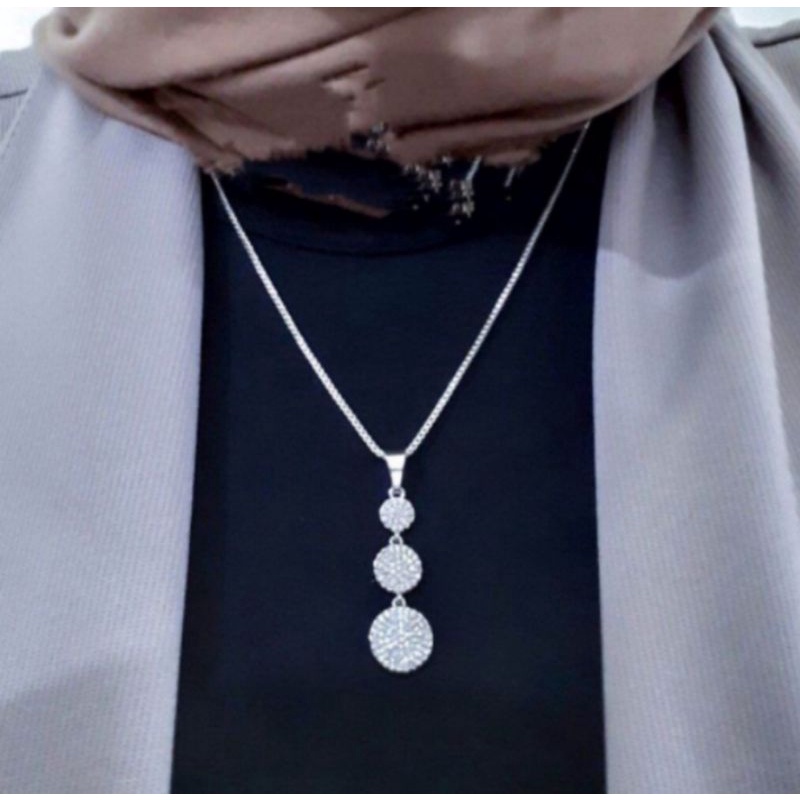 kalung free liontin motif tingkat tiga permata cantik titanium original fashion wanita hijab anti luntur