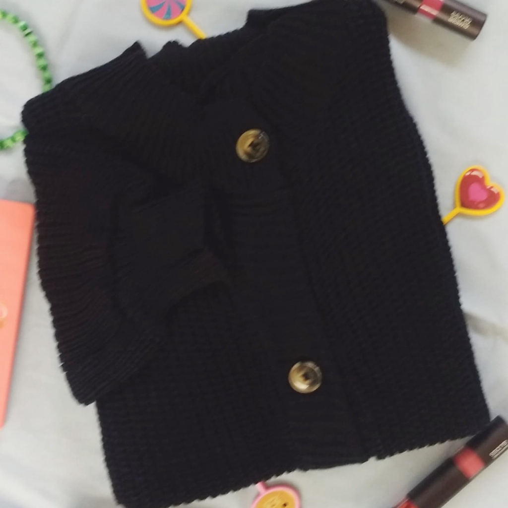 Baju Wanita Cardigan Rajut Tebal Kerah Shanghai Tangan Balon 7G-hitam