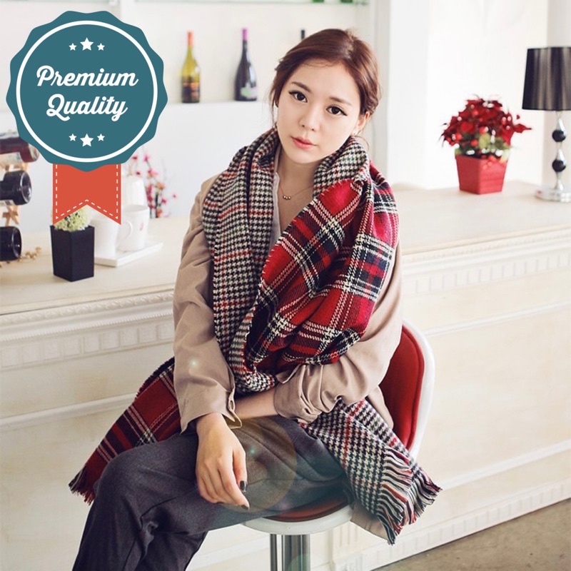 Scarf wanita pria import korean style plaid reversible pashmina syal hangat autumn musim dingin