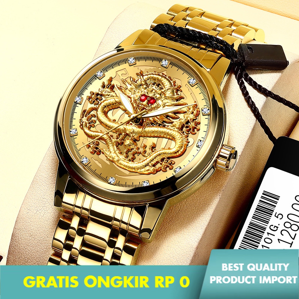 Jam Tangan Pria Fenzun Timbul Golden Dragon Jam Tangan Pria Tahan Air Non Mekanis Watch Pria Tertana