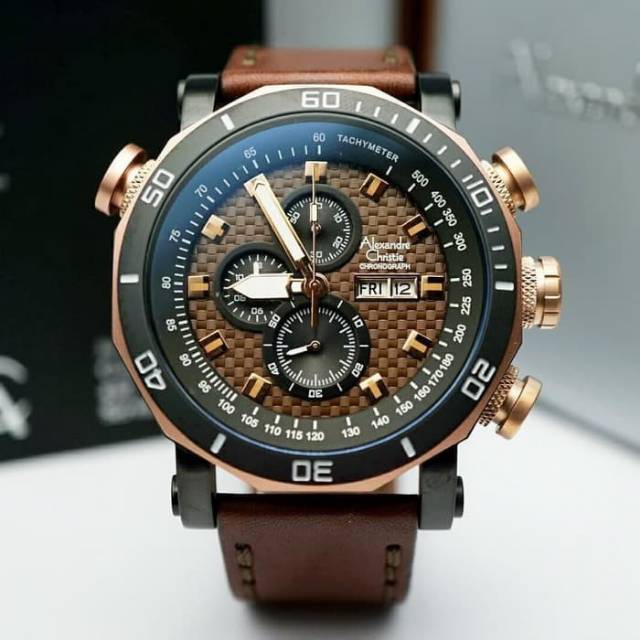 JAM TANGAN PRIA ALEXANDRE CHRISTIE AC 6308 BLACK ROSEGOLD LEATHER BROWN