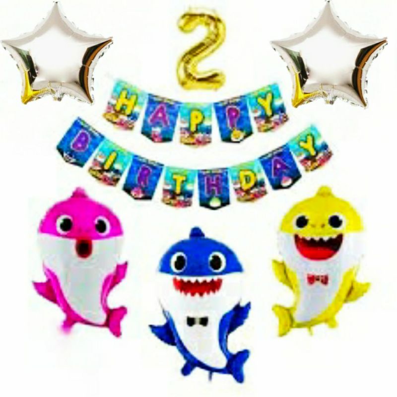 Set Dekorasi Ulang Tahun Tema Baby Shark ( 3 warna BS + 2 bintang bsr + Angka Gold + Banner Reg BS)