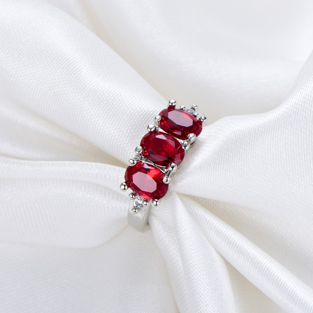 Cincin Perak 925 Asli Cincin Perak untuk Wanita Tiga Ruby Cincin Hadiah Fashion Aksesoris Perhiasan