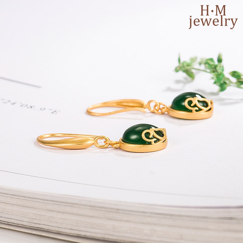 Anting Stud Giok Hetian Jasper Gaya Retro Perancis Untuk Wanita