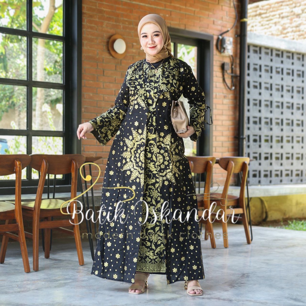 Baju Gamis set Keluarga Kemeja Pendek Batik Iskandar Motif Prada Matahari